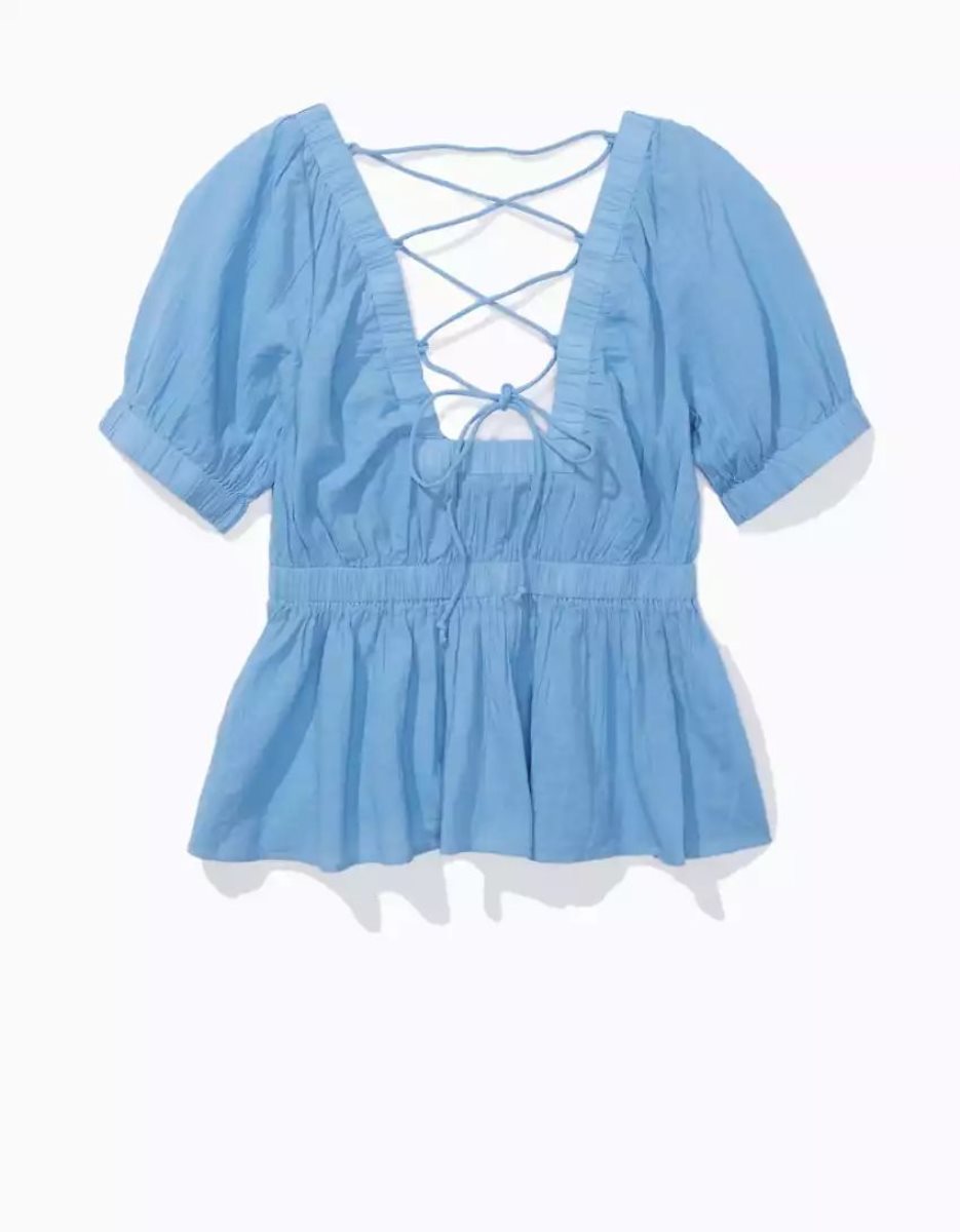 Chemises American Eagle AE Open-Back Babydoll Blouse Bleu Femme | MBB-60043621